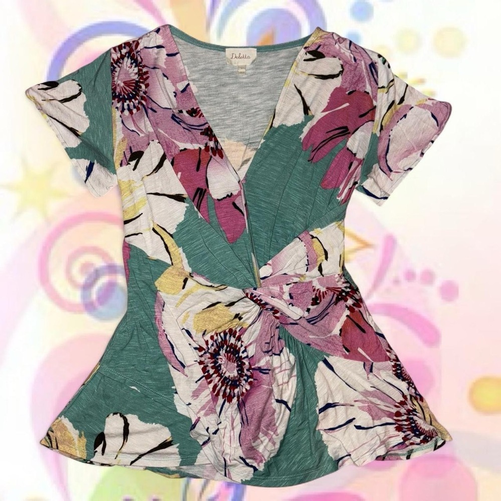 vtg y2k deletta fairycore whimsy wrap/knot floral cinched babydoll top, sz sm